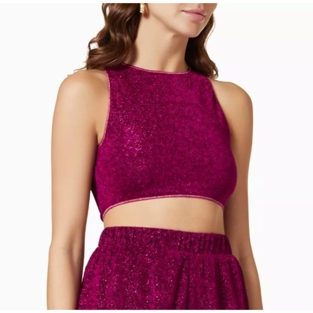 Oseree Women's Lumiere Sleeveless Glitter Crop Top Stretch Lurex Dark Fuchsia LG